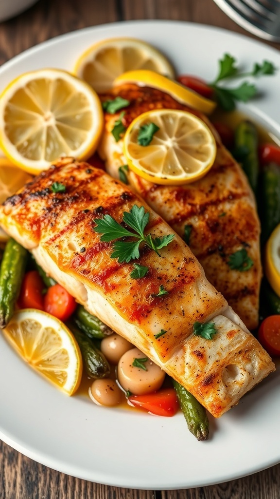 Oven-baked fish fillets garnished with lemon and parsley on a rustic table.